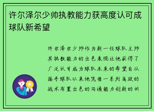 许尔泽尔少帅执教能力获高度认可成球队新希望
