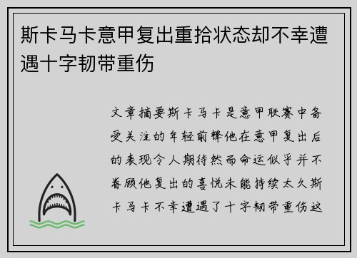 斯卡马卡意甲复出重拾状态却不幸遭遇十字韧带重伤